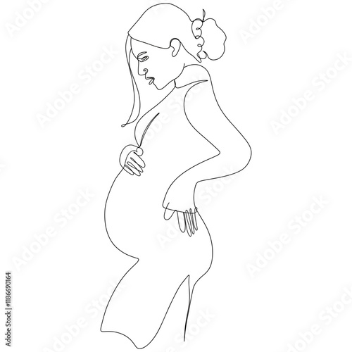 vector illustration of pregnant woman in line art style with pink ribbon and belly, hand drawing, isolated on white background, line art