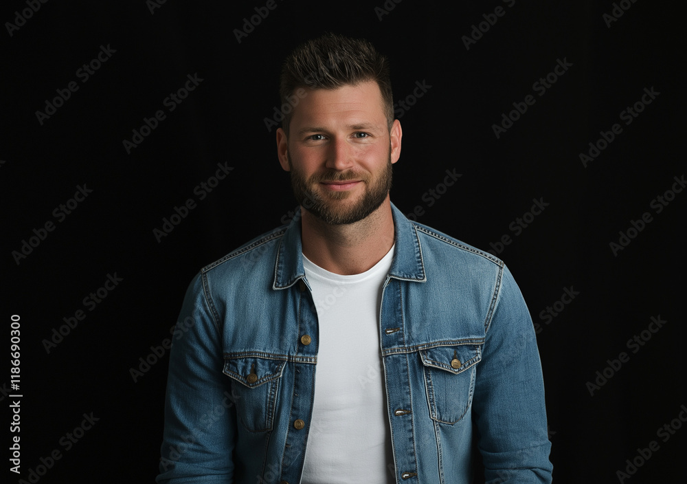 Portrait of a happy man in a denim shirt and white t-shirt, looking at the camera and smiling, isolated on a black background. Portrait of a happy man in a denim shirt and white t-shirt, looking at the camera and smiling, isolated on a black background.