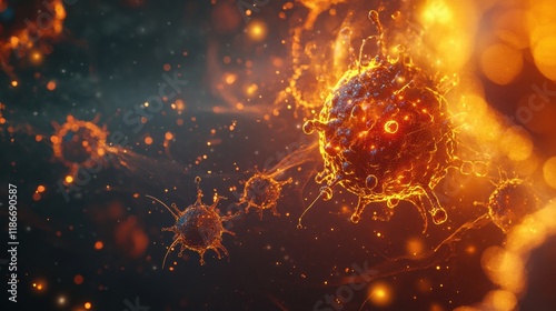 Cancer cells with glowing edges showcase cellular activity and abnormalities in a dynamic environment. Generative AI