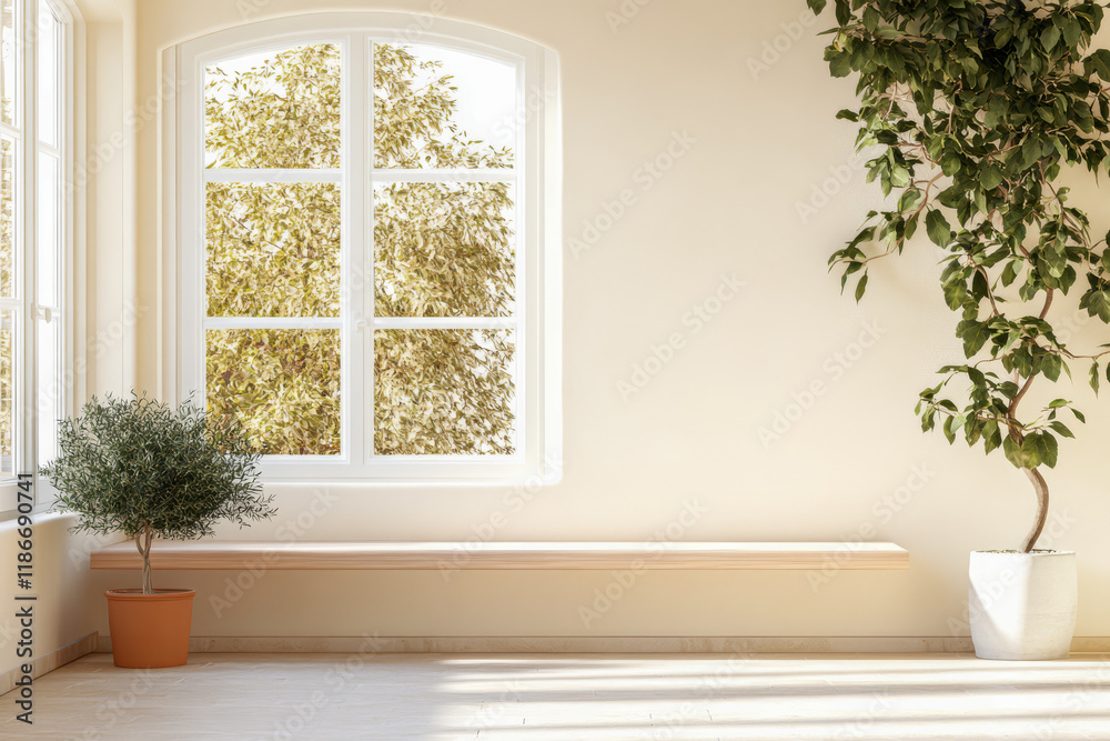 Fototapeta premium Modern interior space with natural light and indoor plants around a large window