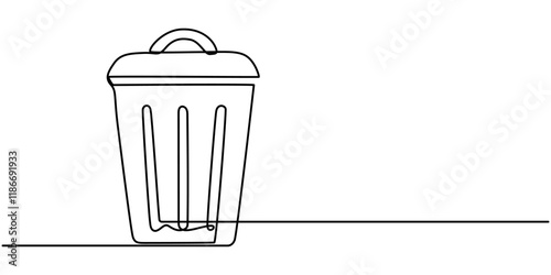 One continuous line drawing of metallic garbage container. Recycling waste dustbin in simple linear style. Trash box with opened, Continuous line drawing Trash can icon concept