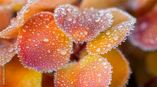 Close-up of dew-covered orange succulent leaves.