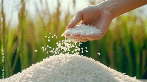 Harvest Hands: A hand gently pours grains of rice, creating a cascading effect against a backdrop of a sunlit rice paddy. The image evokes themes of abundance, nourishment, and agricultural labor. photo