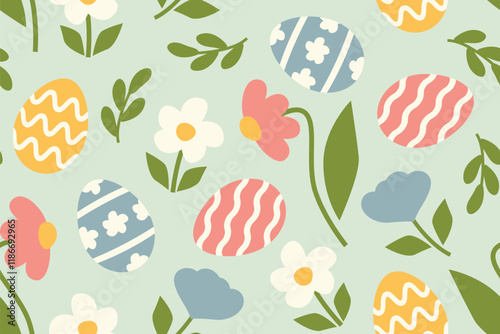 spring, easter seamless pattern with flowers and decorated eggs- vector illustration