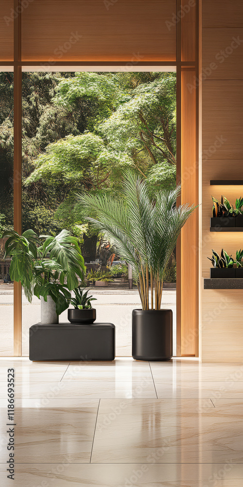 Fototapeta premium Stylish indoor plants enhance the tranquility of a modern space with large windows