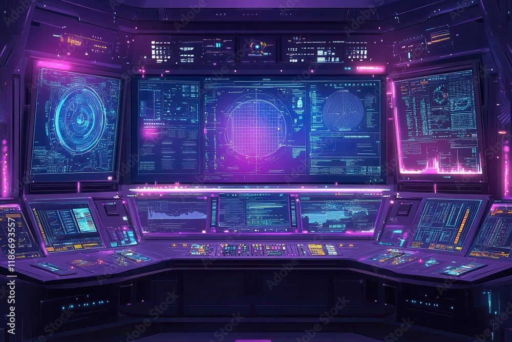 Obraz premium Futuristic Control Room with Glowing Tech Interfaces