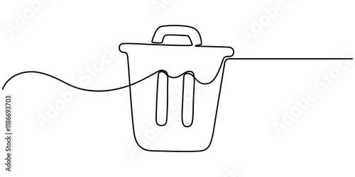 One continuous line drawing of metallic garbage container. Recycling waste dustbin in simple linear style. Trash box with opened, Continuous line drawing Trash can icon concept