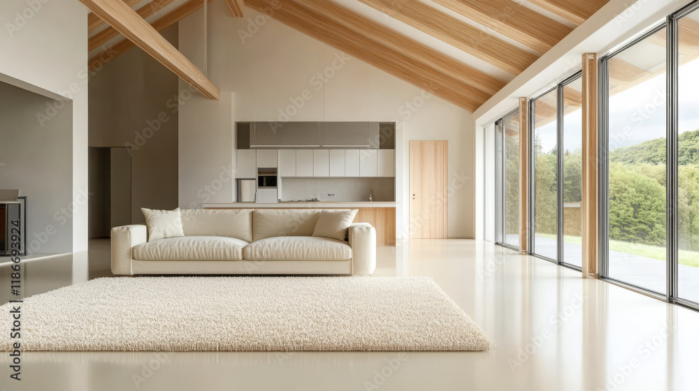 Modern living space with large windows and bright interior in a serene setting Modern living space with large windows and bright interior in a serene setting