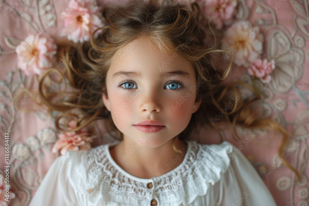 Small girl lying on a pink background surrounded by flowers, showcasing innocence and natural beauty Small girl lying on a pink background surrounded by flowers, showcasing innocence and natural beauty