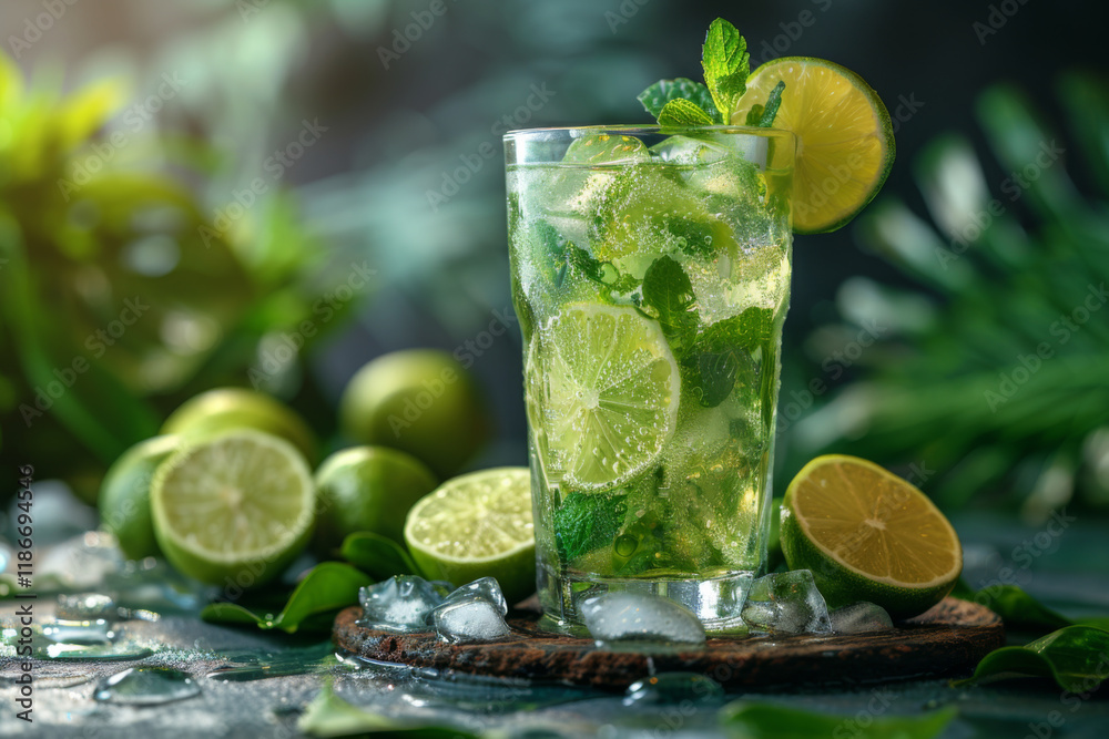 Refreshing mojito cocktail served on a tropical green studio backdrop with lime and mint leaves Refreshing mojito cocktail served on a tropical green studio backdrop with lime and mint leaves