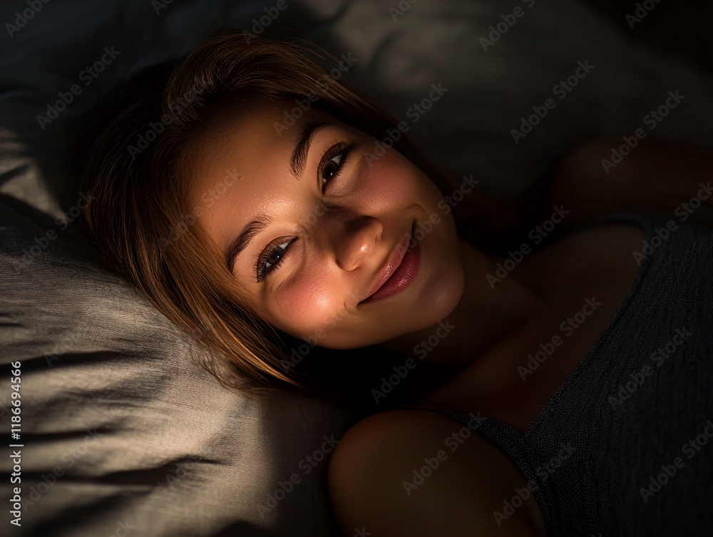 Young woman smiles gently while lying in bed with soft lighting in a cozy environment during the evening hours