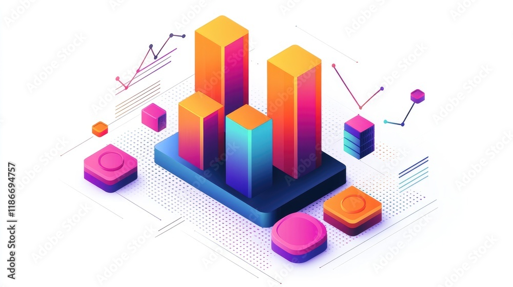 Fototapeta premium A colorful bar chart clipart, business graph element, 3D isometric illustration, vibrant, isolated on white background 