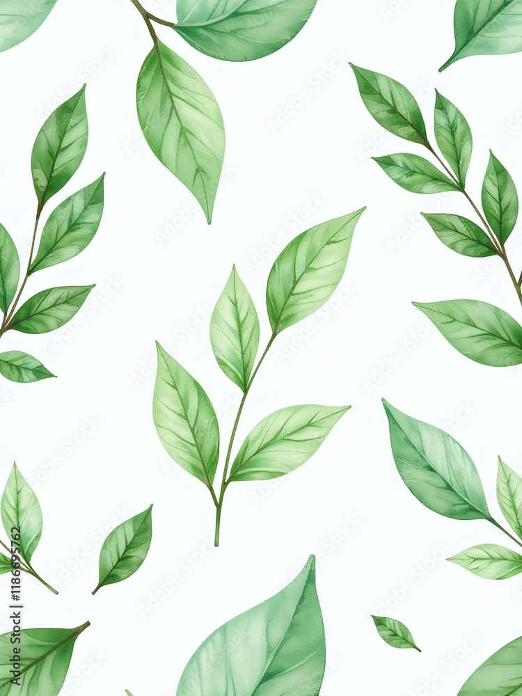 Delicate Watercolor Design Featuring Green Leaves In A Seamless Pattern Isolated Against A Crisp White Background For Artistic Projects. 00003