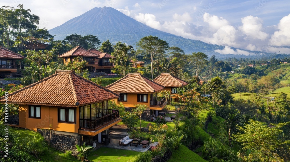 Tropical Resort nestled in Lush Mountainside with a Majestic Volcano Tropical Resort nestled in Lush Mountainside with a Majestic Volcano