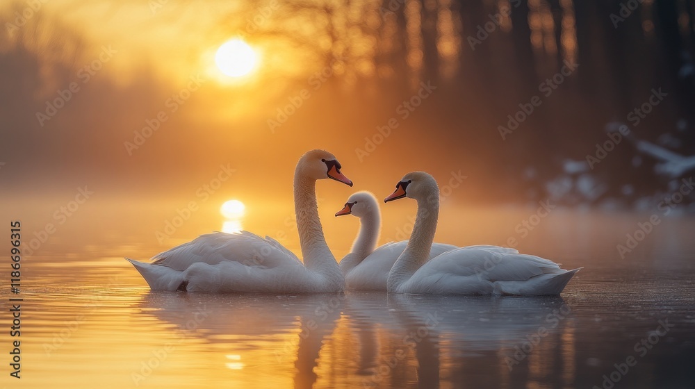 Fototapeta premium Swans swim at sunrise on misty river.