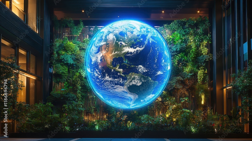 Naklejka premium A high-tech real estate expo with a glowing Earth sphere centerpiece, surrounded by glass-and-metal structures