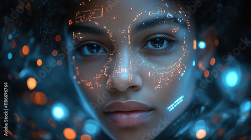 Futuristic Portrait of a Woman with Digital Patterns and Glowing Lights