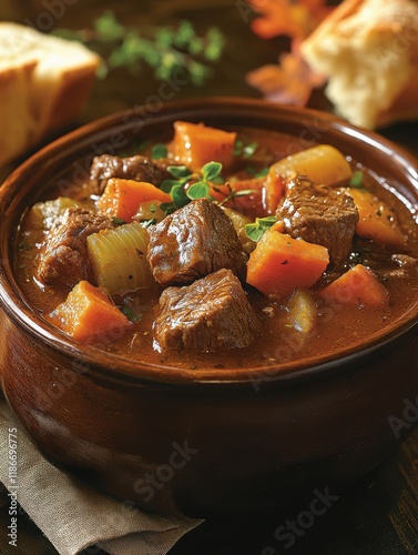 Hearty beef stew in a rustic bowl