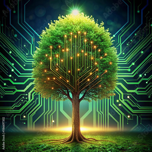 A conceptual illustration of an artificial intelligence tree, with branches