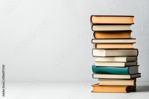 A Tower of Knowledge: A high stack of well-worn hardback books, inviting exploration and intellectual pursuit.  