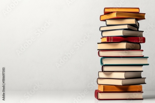 Wallpaper Mural Tower of Knowledge: A towering stack of colorful hardback books stands tall against a minimalist background, symbolizing the wealth of knowledge and the endless possibilities of learning. Torontodigital.ca