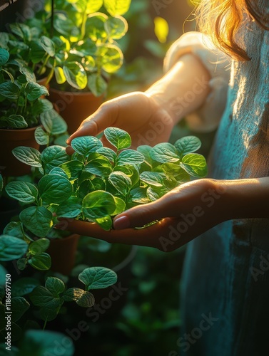 Hands nurturing vibrant green plants in sunlight photo