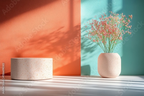 Pastel Minimalism: Product display featuring a cylindrical podium and vase of delicate pink flowers, set against a two-tone backdrop of coral and mint green. Sunlit scene with soft shadows. 