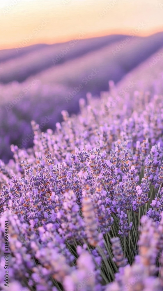 Obraz premium A vibrant field of lavender under a glowing sunset with soft golden light and vivid purples blending for a dreamy background wallpaper 