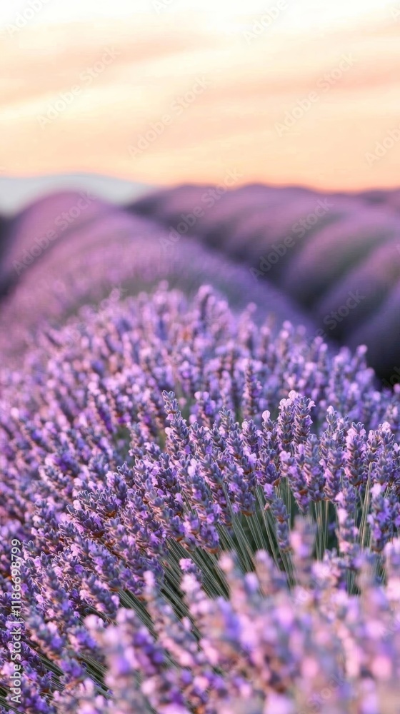 Obraz premium A vibrant field of lavender under a glowing sunset with soft golden light and vivid purples blending for a dreamy background wallpaper 
