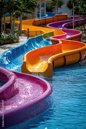 A row of colorful water slides in a pool, perfect for kids' party or summer fun