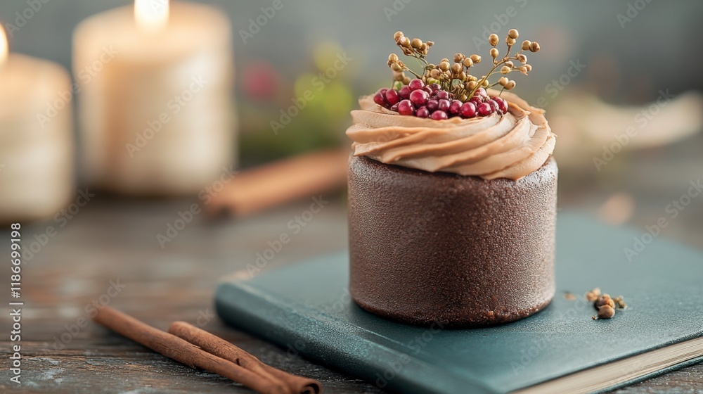 Chocolate Indulgence: A decadent chocolate mousse cake, adorned with creamy frosting and a touch of berries, sits elegantly on a teal book. Chocolate Indulgence: A decadent chocolate mousse cake, adorned with creamy frosting and a touch of berries, sits elegantly on a teal book.