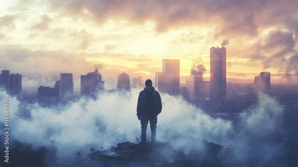 A dystopian skyline covered in viral fog, [pandemic future, apocalyptic theme], atmospheric art capturing the mood of a pandemic-ridden world 
