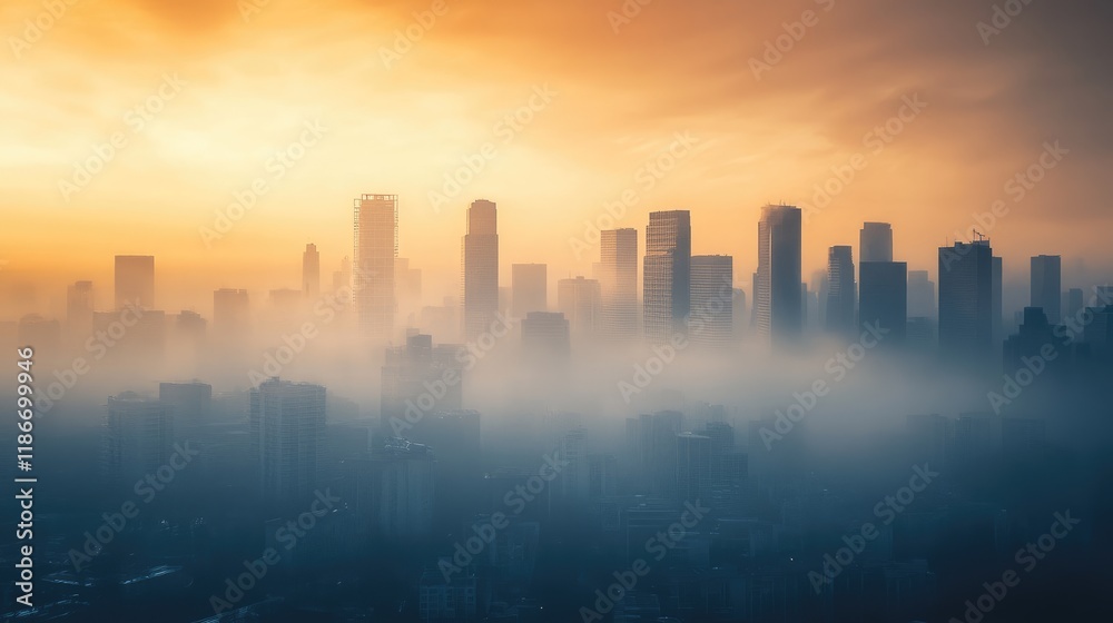 A dystopian skyline covered in viral fog, [pandemic future, apocalyptic theme], atmospheric art capturing the mood of a pandemic-ridden world 
