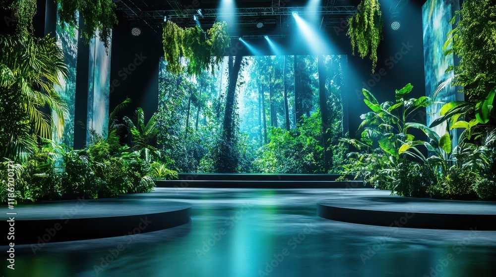 Fototapeta premium A modern event stage featuring an eco-tech product, dynamic projections of environmental elements like forests, oceans, and clouds