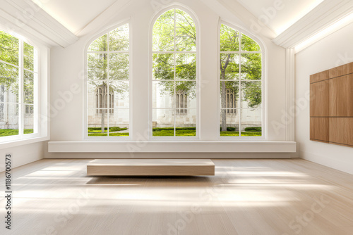Modern interior design of a spacious room with large windows and natural light