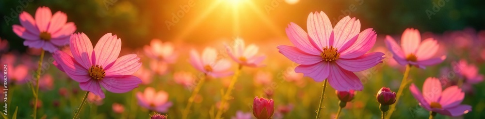 Cosmos flowers radiate soft glow in morning's warm light, flower power, natural wonder Cosmos flowers radiate soft glow in morning's warm light, flower power, natural wonder