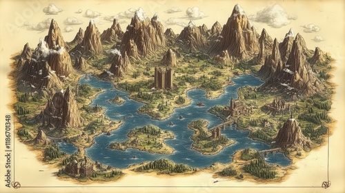 Fantasy world map with mountains, lakes, castles, and forests. photo