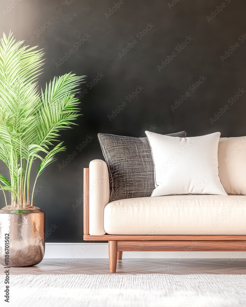Fototapeta premium Modern living room with stylish sofa and decorative plant in minimalistic design