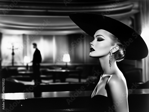 Elegant Woman in Black Hat Sitting in a Modern Atmospheric Venue
