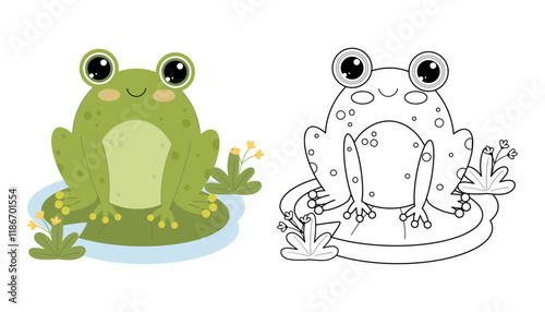Coloring page of cute frog. Vector illustration of funny animal on a white background. Сhildren's coloring book with color example. Outline coloring page for kids.