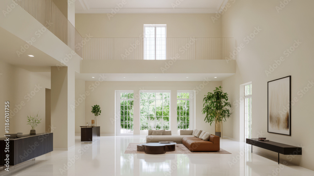 Spacious modern living room with large windows and minimalist decor inviting natural light Spacious modern living room with large windows and minimalist decor inviting natural light