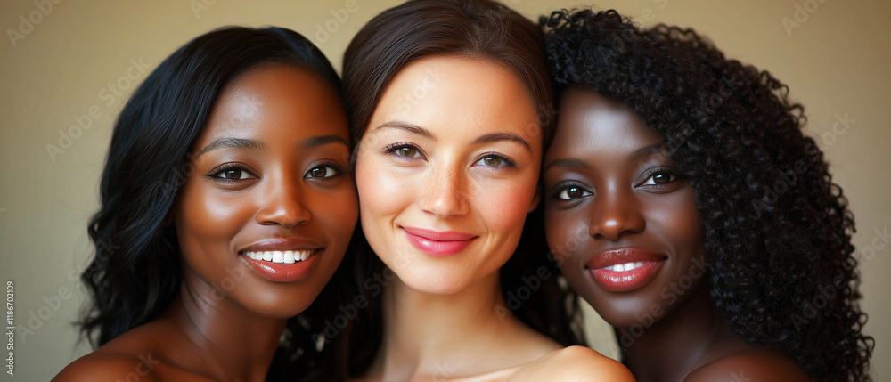 Obraz premium Women of different races - Asian, African American and European - stand in an embrace. The photo conveys the unity and love of women regardless of race
