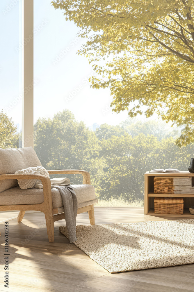 Fototapeta premium Cozy living room with a view of nature at sunrise showcasing a serene atmosphere
