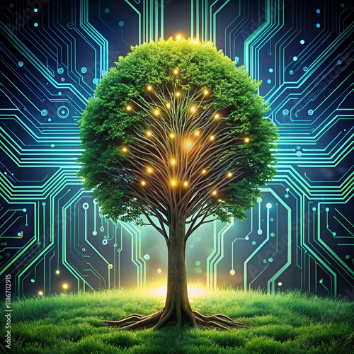 A conceptual illustration of an artificial intelligence tree, with branches