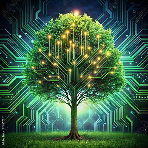 A conceptual illustration of an artificial intelligence tree, with branches