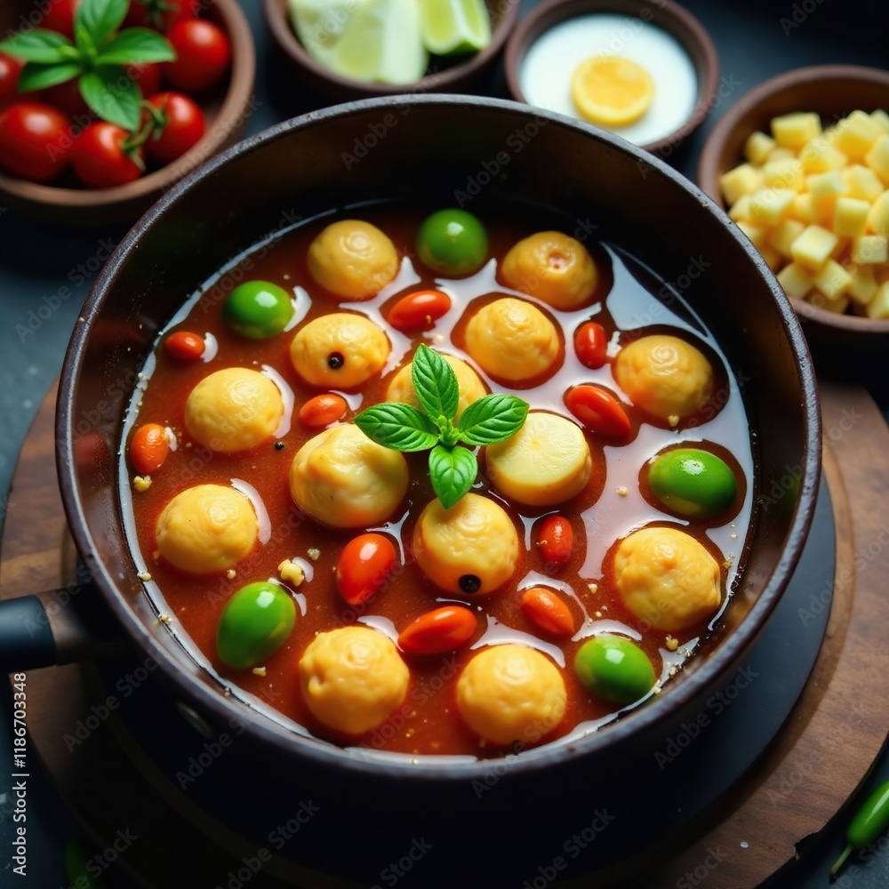 Lemang simmering in a large pot filled with aromatics and spices, simmering, flavor, malaysian cuisine Lemang simmering in a large pot filled with aromatics and spices, simmering, flavor, malaysian cuisine