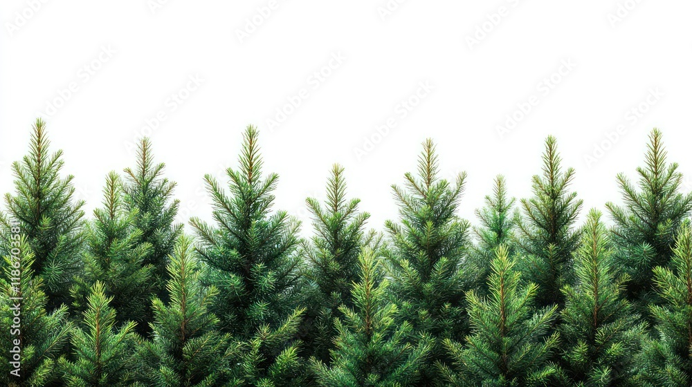 Obraz premium Evergreen trees in a row, blank background, for headers or backgrounds.