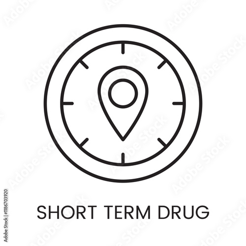 An icon of a clock with a location pin in vector, symbolizing timely or short term drug delivery, with an editable stroke