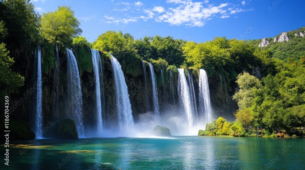 Obraz premium Majestic Waterfall Cascade in a Lush Green Landscape