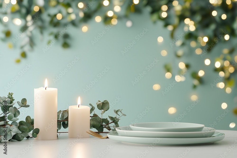 Serene Table Setting with Candles and Eucalyptus Elegant Dinnerware Soft Lighting Festive Mood